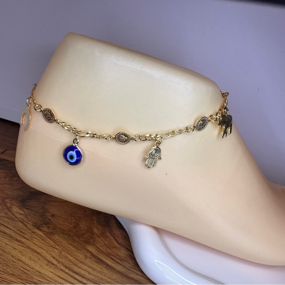 Gold Plated Anklet and Blue Charm with Evil Eye